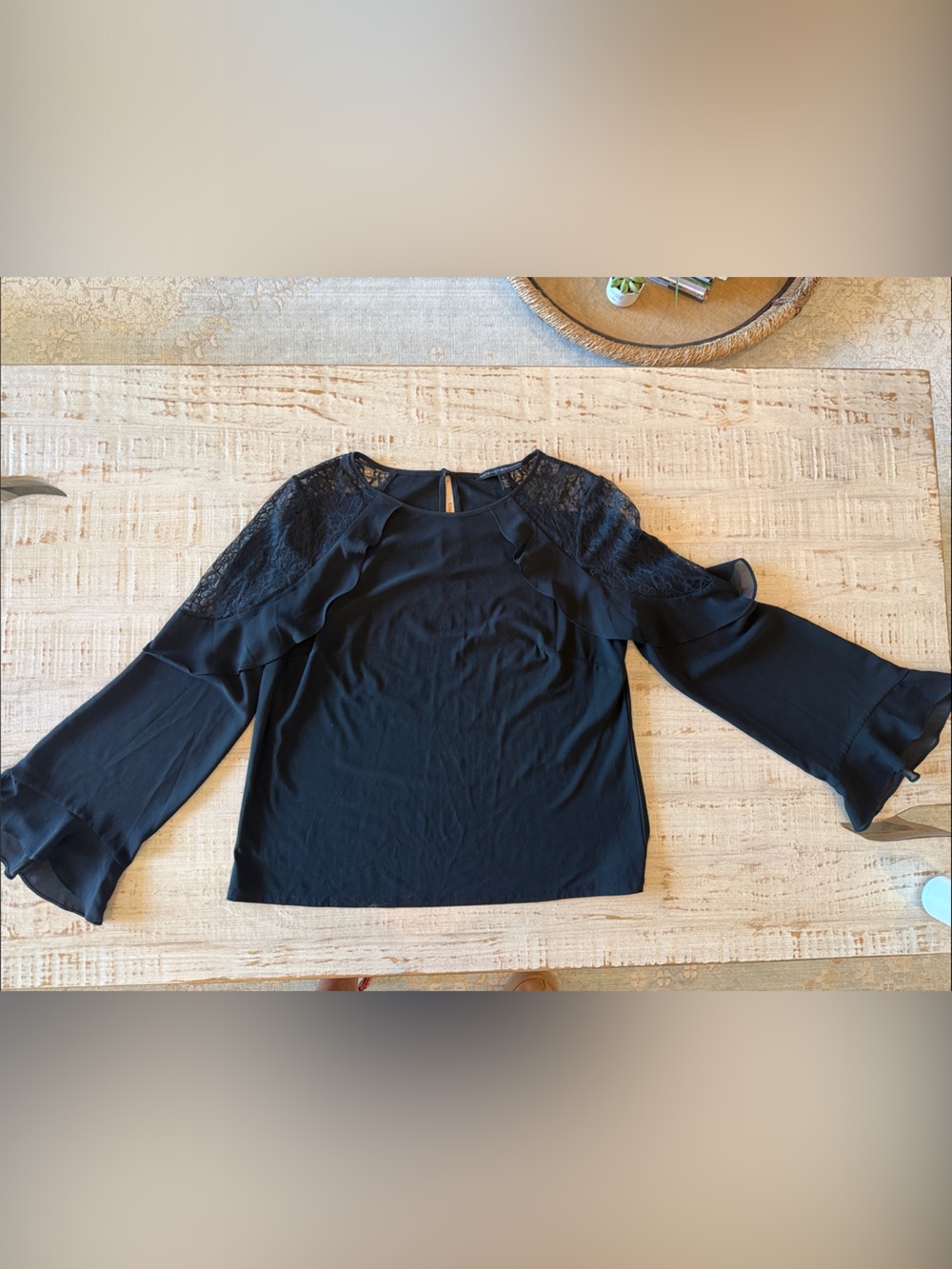 White House Black Market Black Lace-Detail Bell Sleeve Blouse